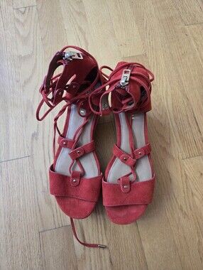 Red Lace-Up Suede Women's Sandals